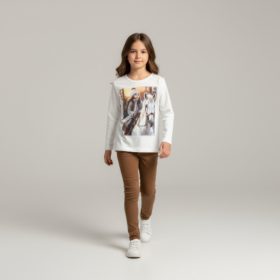 Ekrü színű lovas kislány mintás lány felső
